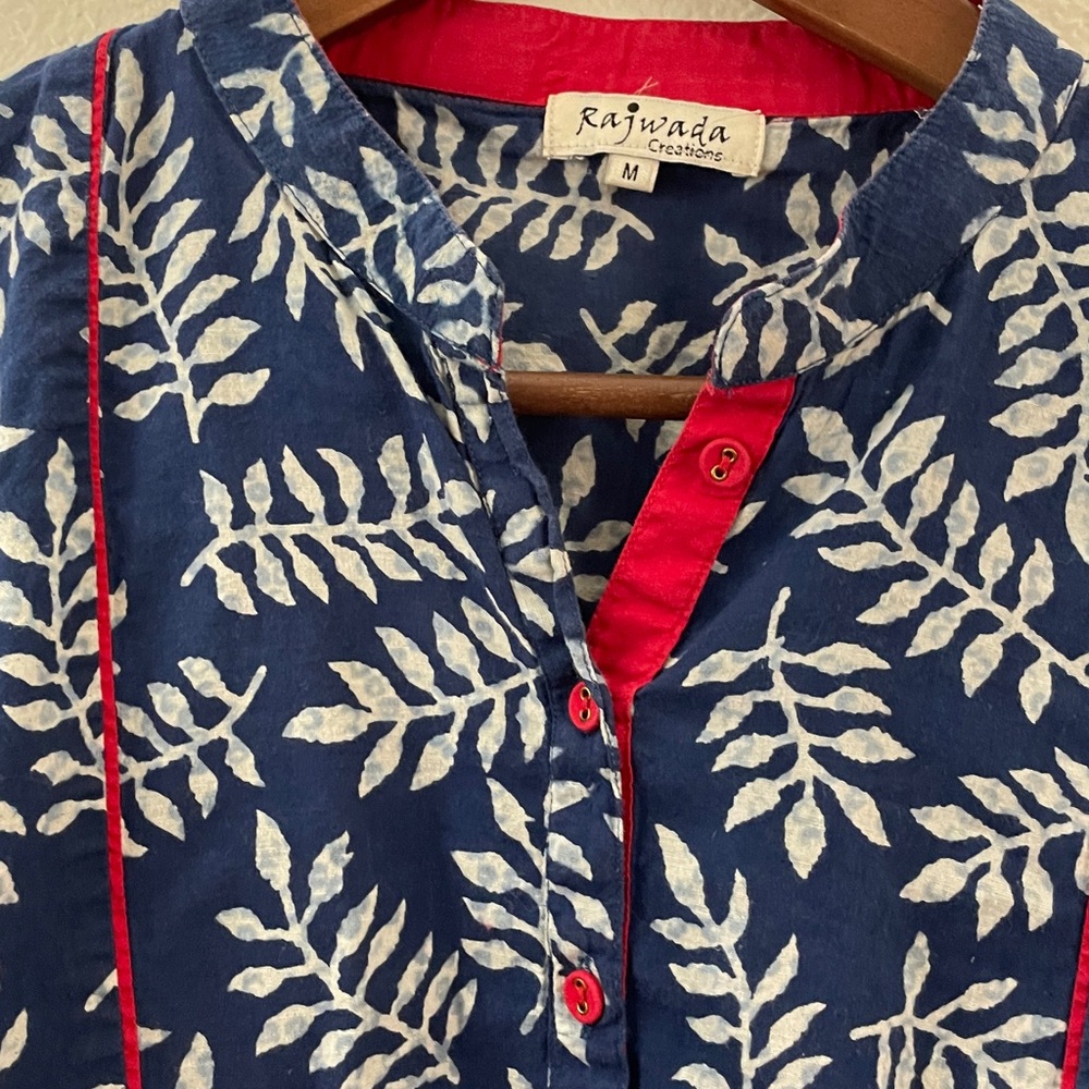 Indian cobalt Blue red accent Floral maxi Dress side slits 100%cotton boho 60’s - Picture 2 of 8